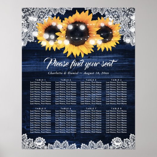 Navy Blue Wood Lace Sunflower Rustic Seating Chart Poster (Voorkant)