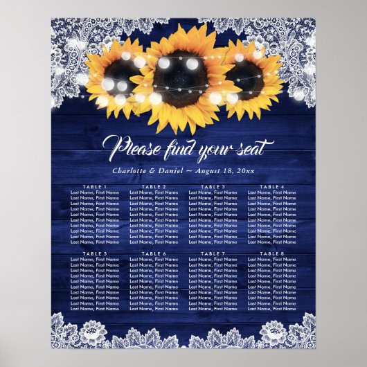 Navy Blue Wood Lace Sunflower Seating Chart Poster (Voorkant)