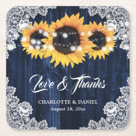 Navy Blue Wood Lace Sunflower Wedding Thank You Kartonnen Onderzetters