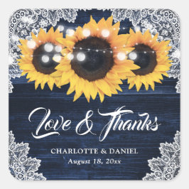 Navy Blue Wood Lace Sunflower Wedding Thank You Vierkante Sticker