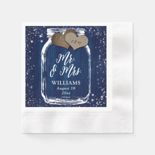 Navy Blue Wood Mason Jar Mr & Mrs Wedding Servet (Voorkant)