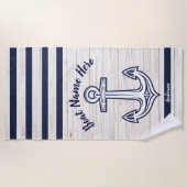 Navy Blue Wood Nautical Anchor Add Boat Name Strandlaken (Voorkant)
