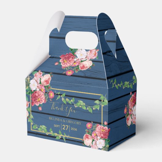 Navy Blue Wood  roze rozen & Gold Wedding Bedankdoosjes (Voorkant Zijde)