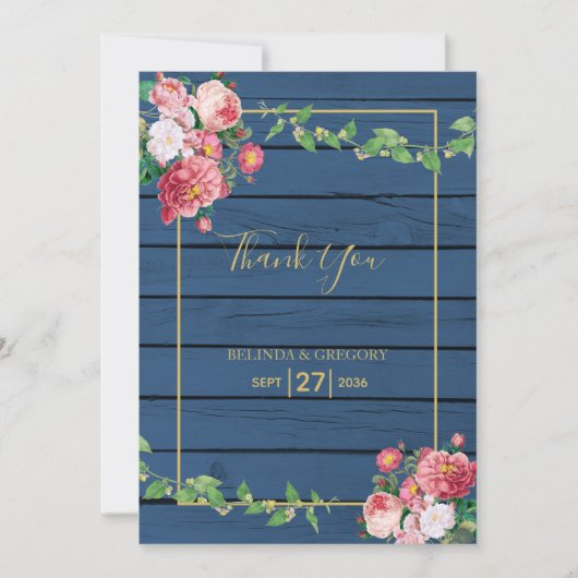 Navy Blue Wood roze rozen & Gold Wedding Bedankkaart (Voorkant)