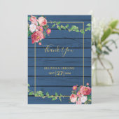 Navy Blue Wood roze rozen & Gold Wedding Bedankkaart (Staand voorkant)