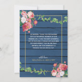 Navy Blue Wood roze rozen & Gold Wedding Bedankkaart (Achterkant)
