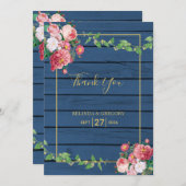 Navy Blue Wood roze rozen & Gold Wedding Bedankkaart (Voorkant / Achterkant)