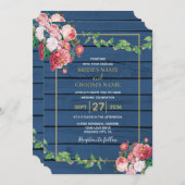 Navy Blue Wood  roze rozen & Gold Wedding Kaart (Voorkant / Achterkant)