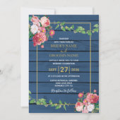 Navy Blue Wood  roze rozen & Gold Wedding Kaart (Voorkant)