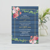 Navy Blue Wood  roze rozen & Gold Wedding Kaart (Staand voorkant)