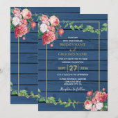 Navy Blue Wood  roze rozen & Gold Wedding Kaart (Voorkant / Achterkant)
