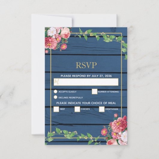 Navy Blue Wood  roze rozen & Gold Wedding RSVP Kaartje (Voorkant)