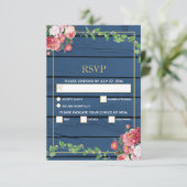 Navy Blue Wood  roze rozen & Gold Wedding RSVP Kaartje (Staand voorkant)