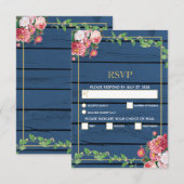 Navy Blue Wood  roze rozen & Gold Wedding RSVP Kaartje (Voorkant / Achterkant)