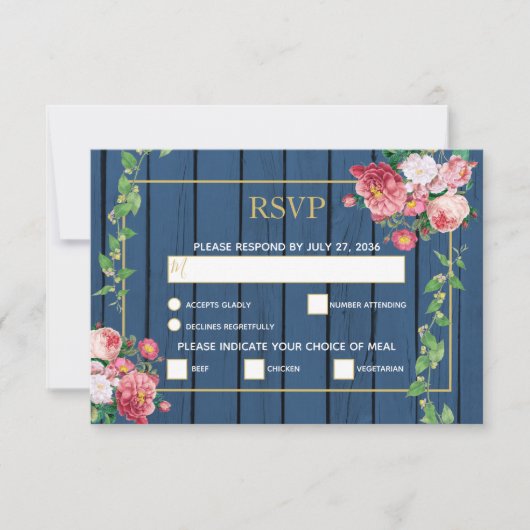 Navy Blue Wood  roze rozen & Gold Wedding RSVP Kaartje (Voorkant)