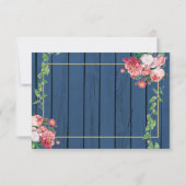 Navy Blue Wood  roze rozen & Gold Wedding RSVP Kaartje (Achterkant)