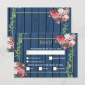 Navy Blue Wood  roze rozen & Gold Wedding RSVP Kaartje (Voorkant / Achterkant)