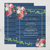 Navy Blue Wood  roze rozen & Gold Wedding Save The Date (Voorkant / Achterkant)