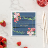Navy Blue Wood  roze rozen & Gold Wedding Servet (Insitu)