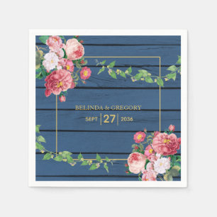 Navy Blue Wood  roze rozen & Gold Wedding Servet
