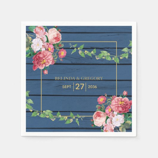 Navy Blue Wood  roze rozen & Gold Wedding Servet (Voorkant)