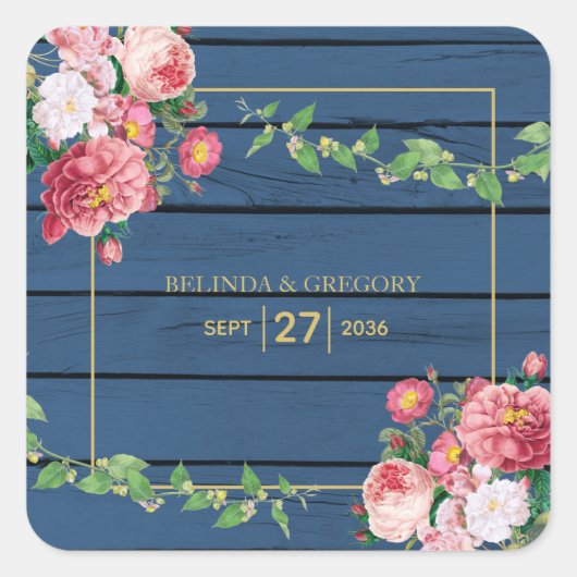 Navy Blue Wood  roze rozen & Gold Wedding Vierkante Sticker (Voorkant)