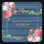 Navy Blue Wood  roze rozen & Gold Wedding Vierkante Sticker<br><div class="desc">Een prachtig ontwerp met een blauw blauw houten korreltextuur achtergrond,   rozen met wazige roze en bruine tinten,  die grijs omhuld zijn met een elegant goudlijst. Een sticker met floreel,  bijtend hout,  goudaccenten die ideaal zijn voor elke bruiloft. Er zijn ook overeenkomende trouwbenodigdheden en andere huwelijksuitnodigingsformaten beschikbaar.</div>