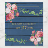 Navy Blue Wood  roze rozen & Gold Wedding Wijn Etiket (Enkel label)