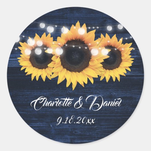 Navy Blue Wood String Lights Sunflower Wedding Ronde Sticker (Voorkant)
