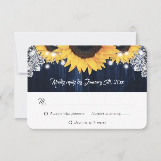 Navy Blue Wood String Lights Sunflower Wedding RSVP Kaartje (Voorkant)