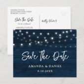 Navy Blue Wood String Lights Wedding Save the Date Briefkaart (Voorkant / Achterkant)