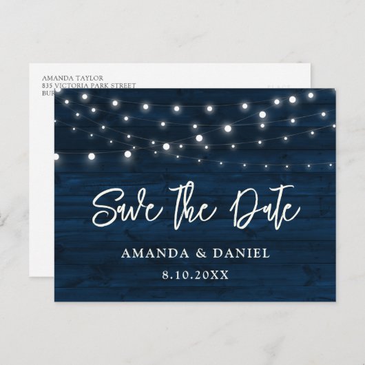 Navy Blue Wood String Lights Wedding Save the Date Briefkaart (Voorkant / Achterkant)