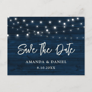 Navy Blue Wood String Lights Wedding Save the Date Briefkaart