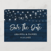 Navy Blue Wood String Lights Wedding Save the Date Briefkaart (Voorkant)