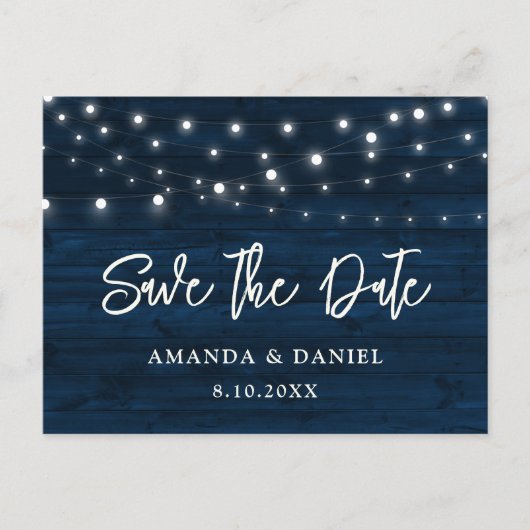 Navy Blue Wood String Lights Wedding Save the Date Briefkaart (Voorkant)