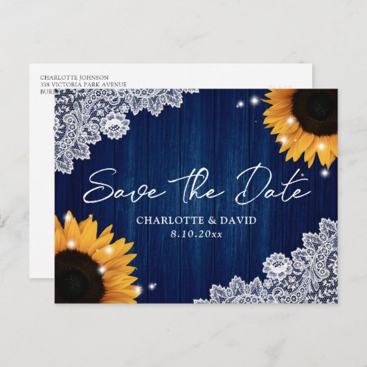Navy Blue Wood Sunflower Weddenschap Aankondigingskaart (Voorkant / Achterkant)