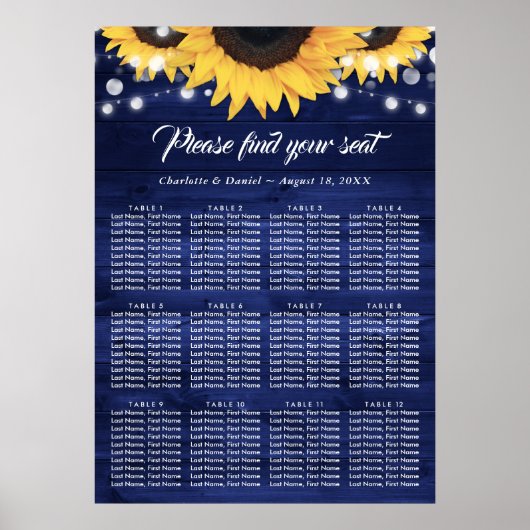Navy Blue Wood Sunflower Wedding Seating Chart 12 Poster (Voorkant)