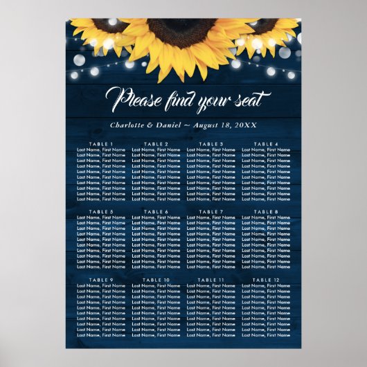 Navy Blue Wood Sunflower Wedding Seating Chart 12 Poster (Voorkant)