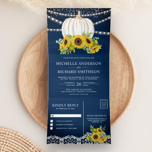 Navy Blue Wood Sunflower White Pumpkin Weddenschap Drieluik Uitnodiging