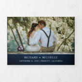 Navy Blue Wood Sunflower White Pumpkin Weddenschap Drieluik Uitnodiging (Cover)