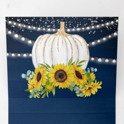Navy Blue Wood Sunflower White Pumpkin Weddenschap Drieluik Uitnodiging (Binnenzijde eerst)