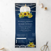Navy Blue Wood Sunflower White Pumpkin Weddenschap Drieluik Uitnodiging (Binnen)