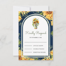 Navy Blue Wood Sunflowers Mason Jar Arch Wedding RSVP Kaartje