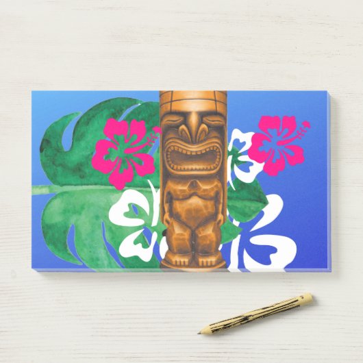Navy blue wood tiki en hibiscus post-it® notes (Op bureau)