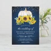 Navy Blue Wood White Pumpkin Sunflower Weddenschap Kaart (Staand voorkant)
