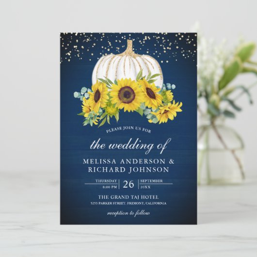 Navy Blue Wood White Pumpkin Sunflower Weddenschap Kaart (Staand voorkant)