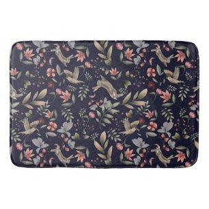 Navy Blue Woodland Animals Floral Leaves Pattern Badmat