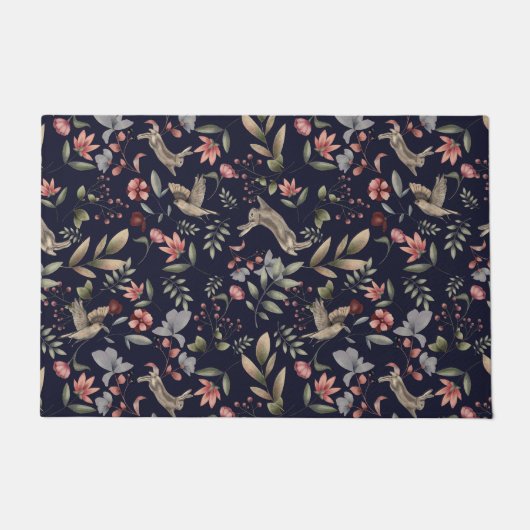 Navy Blue Woodland Animals Floral Leaves Pattern Deurmat (Voorkant)