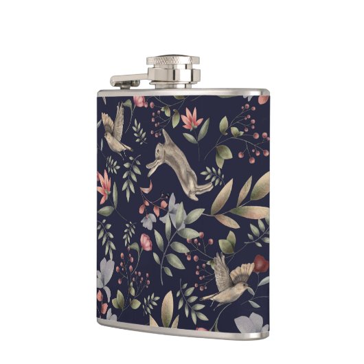 Navy Blue Woodland Animals Floral Leaves Pattern Heupfles (Links)