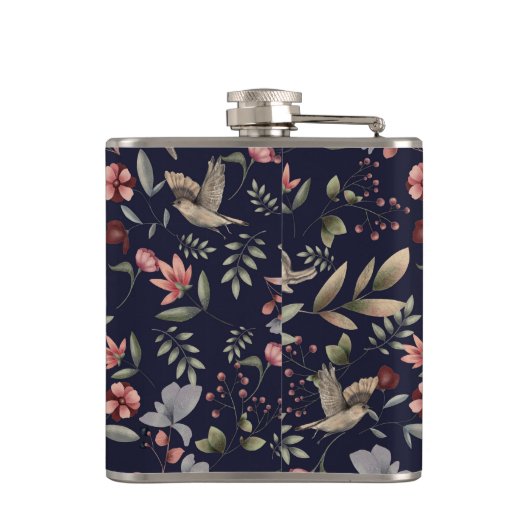 Navy Blue Woodland Animals Floral Leaves Pattern Heupfles (Achterkant)